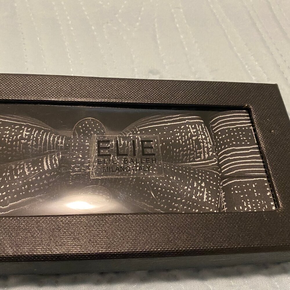 Elie Bellah Little Boys Bow Tie Cuff Link Pocket Square Grey/White Pattern Set